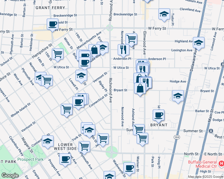 map of restaurants, bars, coffee shops, grocery stores, and more near 245 Richmond Avenue in Buffalo
