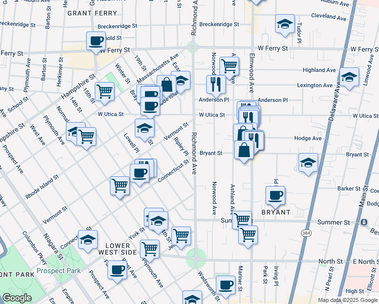 map of restaurants, bars, coffee shops, grocery stores, and more near 245 Richmond Avenue in Buffalo