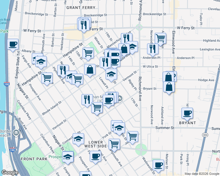map of restaurants, bars, coffee shops, grocery stores, and more near 12 Lowell Place in Buffalo