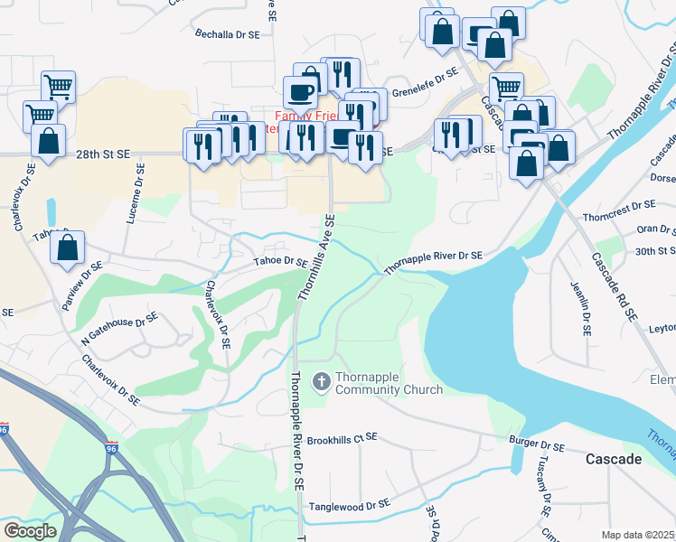 map of restaurants, bars, coffee shops, grocery stores, and more near 2900 Thornhills Avenue Southeast in Grand Rapids
