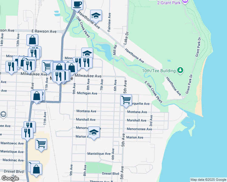map of restaurants, bars, coffee shops, grocery stores, and more near 606 Michigan Avenue in South Milwaukee