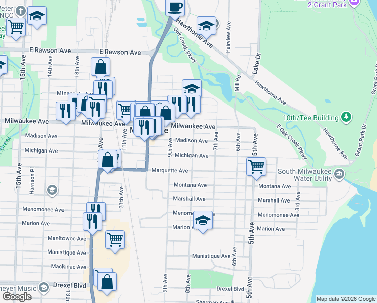 map of restaurants, bars, coffee shops, grocery stores, and more near 814 Michigan Avenue in South Milwaukee