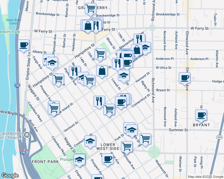 map of restaurants, bars, coffee shops, grocery stores, and more near 172 15th Street in Buffalo