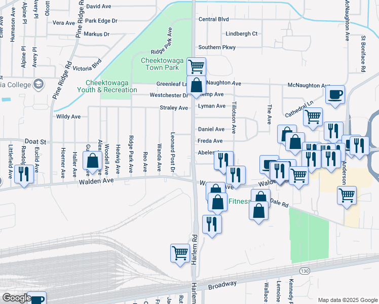 map of restaurants, bars, coffee shops, grocery stores, and more near 2408 Harlem Road in Cheektowaga