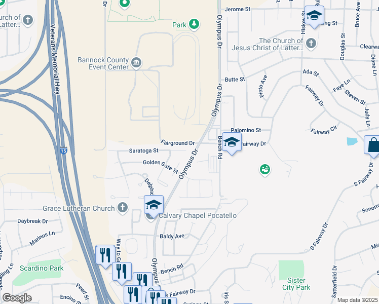 map of restaurants, bars, coffee shops, grocery stores, and more near 1727 Saratoga Street in Pocatello