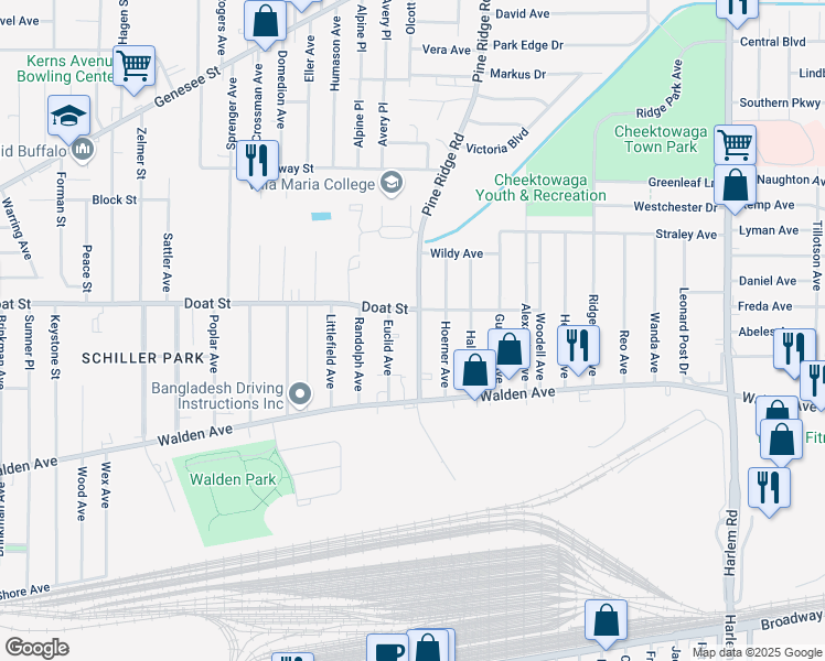 map of restaurants, bars, coffee shops, grocery stores, and more near 74 Pine Ridge Road in Buffalo