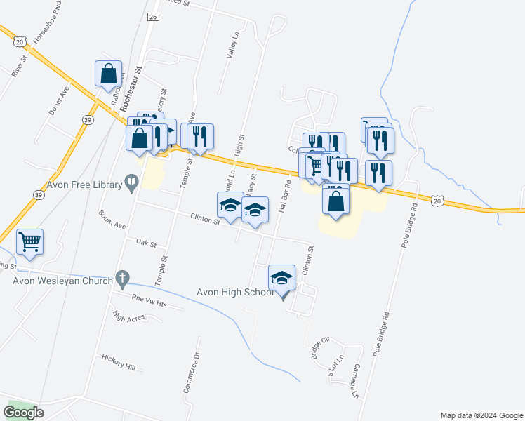 map of restaurants, bars, coffee shops, grocery stores, and more near 180 Clinton Street in Avon