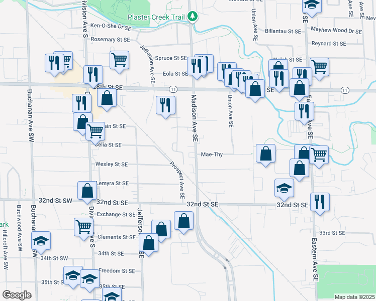 map of restaurants, bars, coffee shops, grocery stores, and more near 3001 Madison Avenue Southeast in Grand Rapids