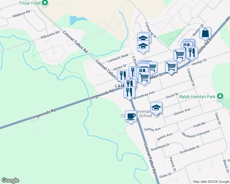 map of restaurants, bars, coffee shops, grocery stores, and more near 7061 Longwoods Road in London