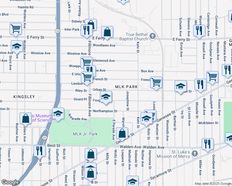 map of restaurants, bars, coffee shops, grocery stores, and more near 95 Urban Street in Buffalo