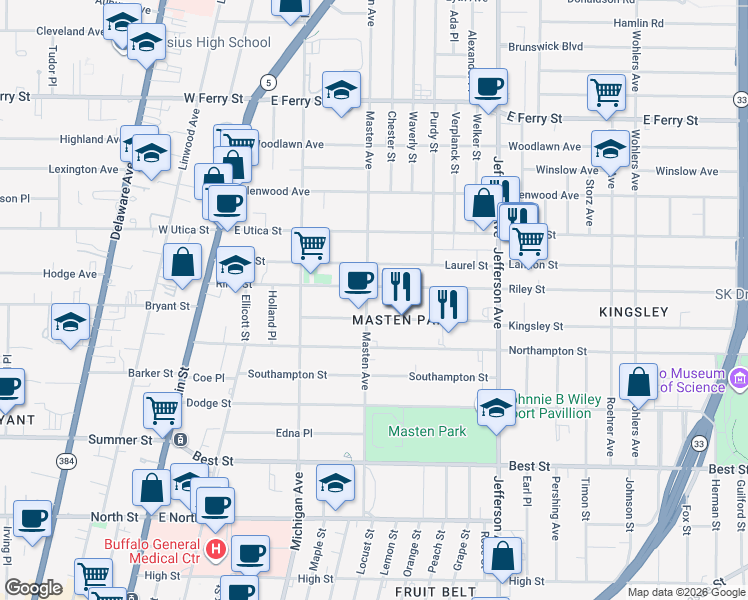 map of restaurants, bars, coffee shops, grocery stores, and more near 245 Masten Avenue in Buffalo