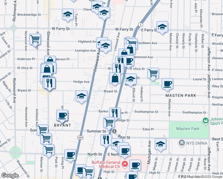 map of restaurants, bars, coffee shops, grocery stores, and more near 29 Bryant Street in Buffalo