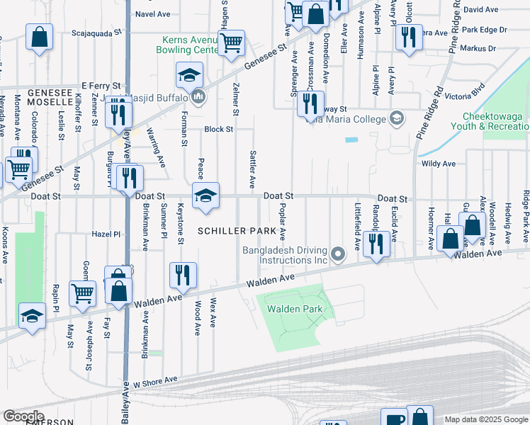 map of restaurants, bars, coffee shops, grocery stores, and more near 111 Academy Road in Buffalo