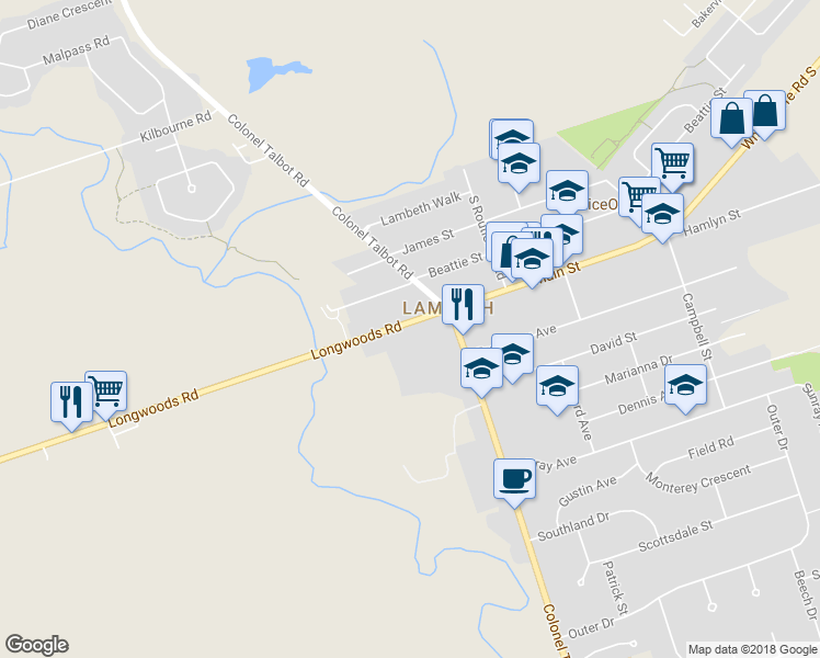 map of restaurants, bars, coffee shops, grocery stores, and more near 7061 Longwoods Road in London