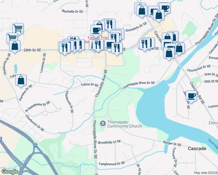 map of restaurants, bars, coffee shops, grocery stores, and more near 2900 Thornhills Avenue Southeast in Grand Rapids
