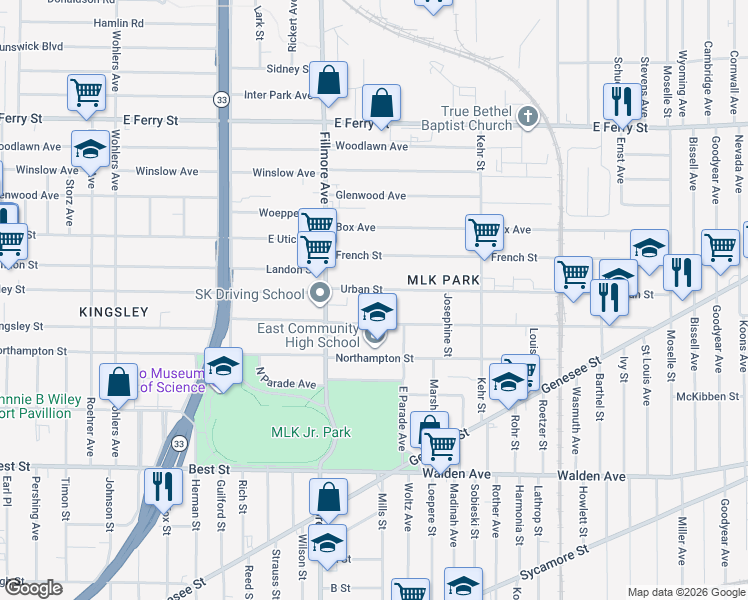 map of restaurants, bars, coffee shops, grocery stores, and more near 51 Urban Street in Buffalo