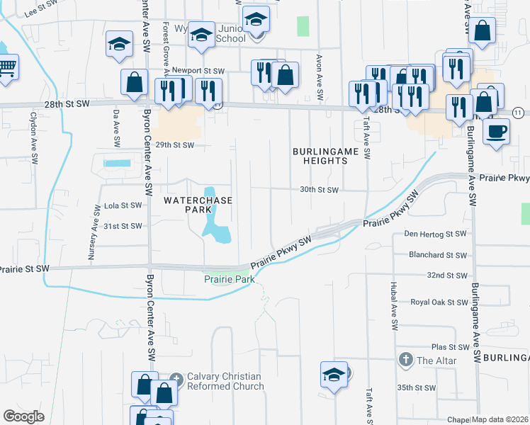map of restaurants, bars, coffee shops, grocery stores, and more near 3041 Boone Ave SW in Wyoming