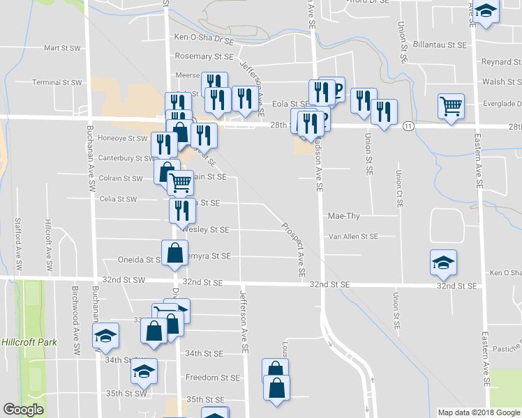 map of restaurants, bars, coffee shops, grocery stores, and more near 230 Celia Street Southeast in Grand Rapids