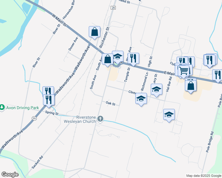 map of restaurants, bars, coffee shops, grocery stores, and more near 15 Clinton Street in Avon