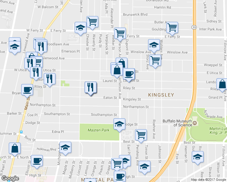 map of restaurants, bars, coffee shops, grocery stores, and more near 305 Riley Street in Buffalo