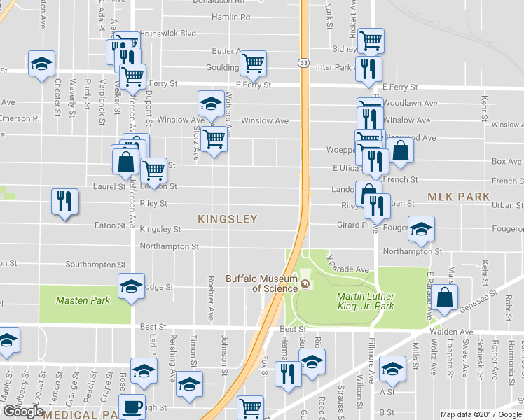 map of restaurants, bars, coffee shops, grocery stores, and more near 543 Riley Street in Buffalo