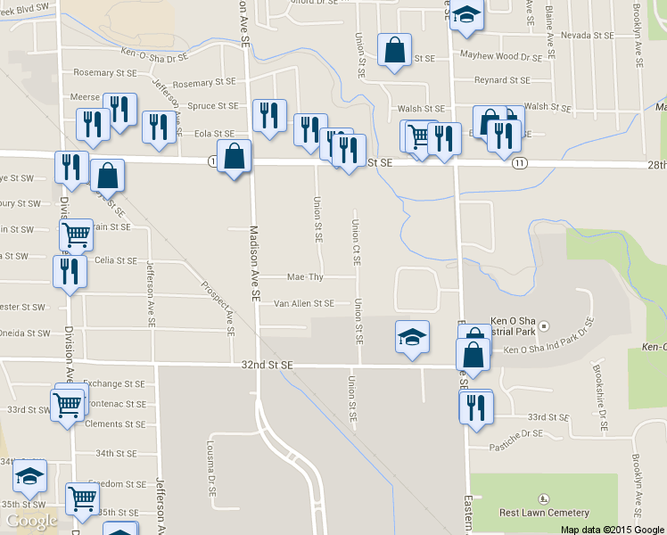 map of restaurants, bars, coffee shops, grocery stores, and more near 535 Mae-Thy in Grand Rapids