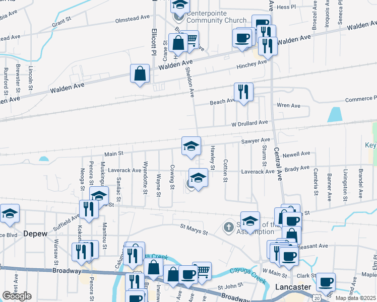 map of restaurants, bars, coffee shops, grocery stores, and more near 110 Sawyer Ave in Depew