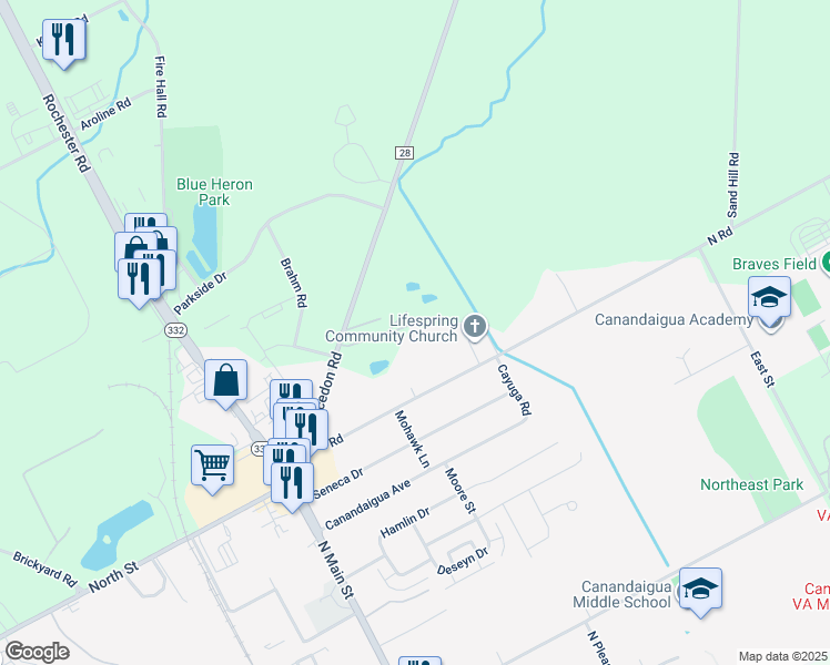 map of restaurants, bars, coffee shops, grocery stores, and more near 5092 Northside Lane in Canandaigua
