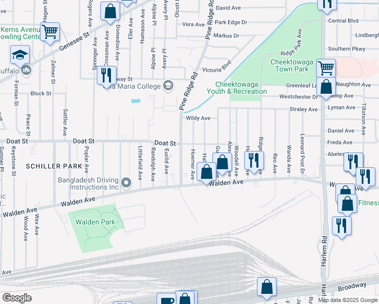 map of restaurants, bars, coffee shops, grocery stores, and more near 61 Hoerner Avenue in Buffalo