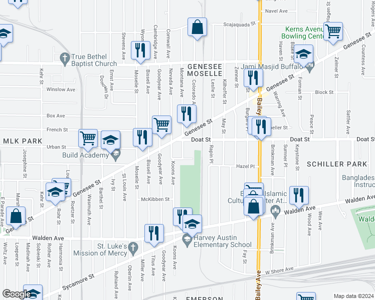 map of restaurants, bars, coffee shops, grocery stores, and more near 14 Rustic Place in Buffalo