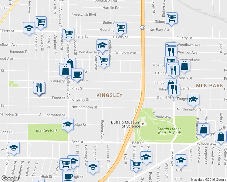map of restaurants, bars, coffee shops, grocery stores, and more near 503 Riley Street in Buffalo