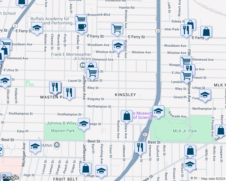 map of restaurants, bars, coffee shops, grocery stores, and more near 427 Riley Street in Buffalo