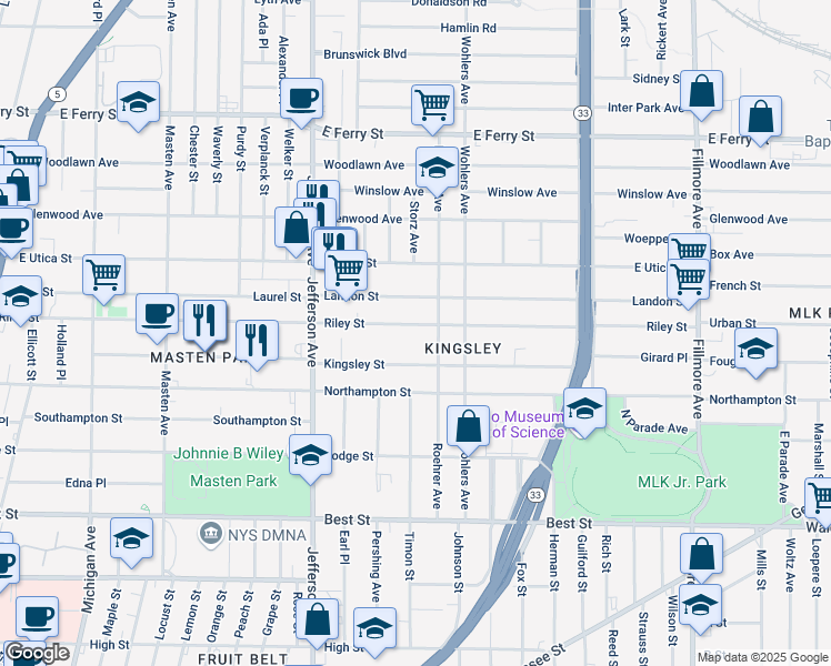 map of restaurants, bars, coffee shops, grocery stores, and more near 427 Riley Street in Buffalo