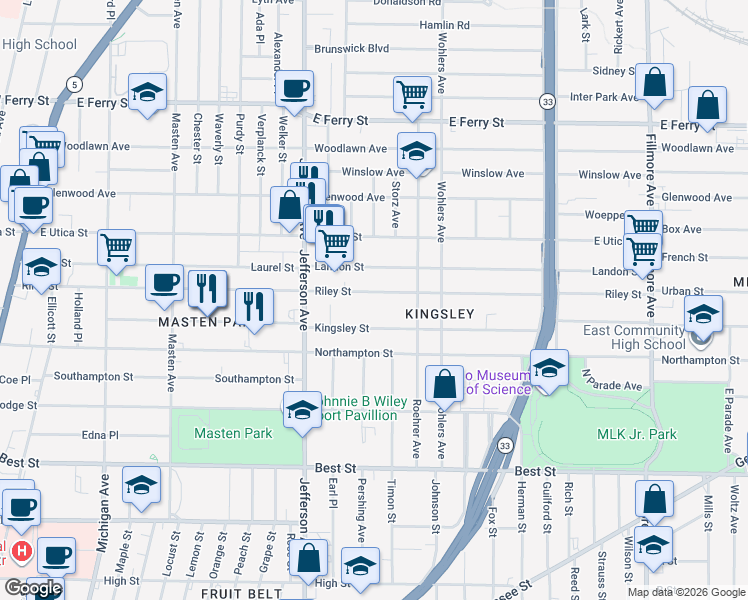 map of restaurants, bars, coffee shops, grocery stores, and more near 427 Riley Street in Buffalo