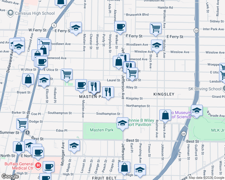 map of restaurants, bars, coffee shops, grocery stores, and more near 305 Riley Street in Buffalo