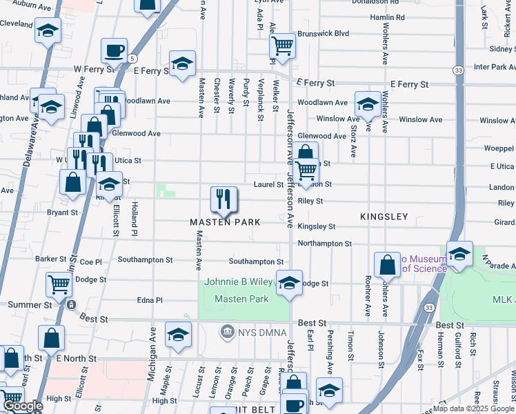 map of restaurants, bars, coffee shops, grocery stores, and more near 261 Riley Street in Buffalo