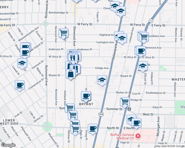 map of restaurants, bars, coffee shops, grocery stores, and more near 200 Bryant Street in Buffalo