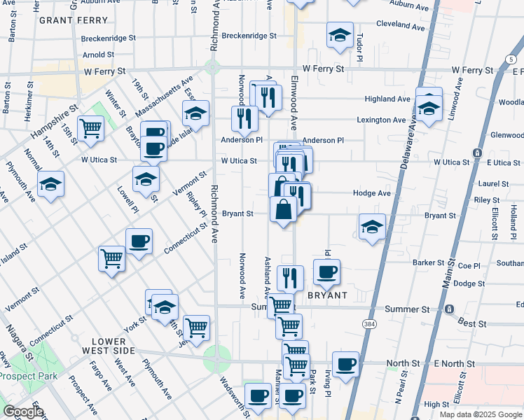 map of restaurants, bars, coffee shops, grocery stores, and more near 323 Bryant Street in Buffalo
