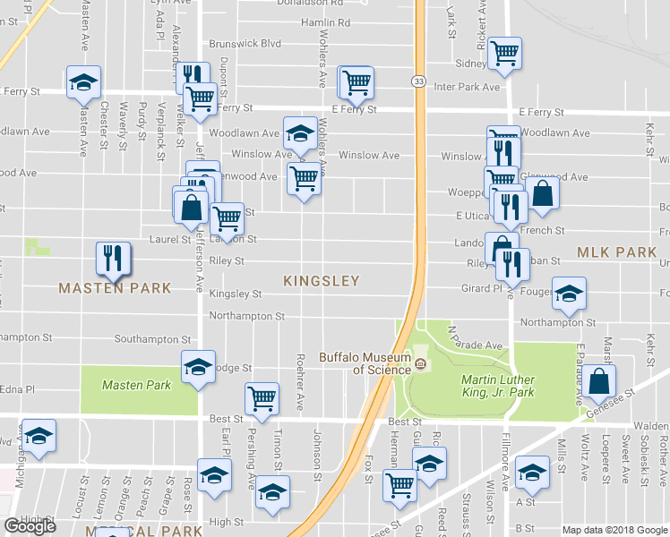 map of restaurants, bars, coffee shops, grocery stores, and more near 503 Riley Street in Buffalo