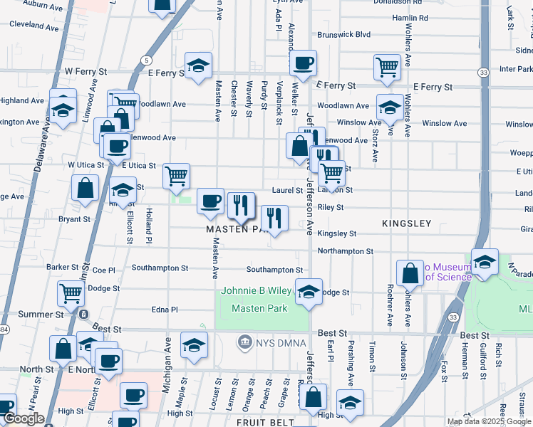map of restaurants, bars, coffee shops, grocery stores, and more near 261 Riley Street in Buffalo