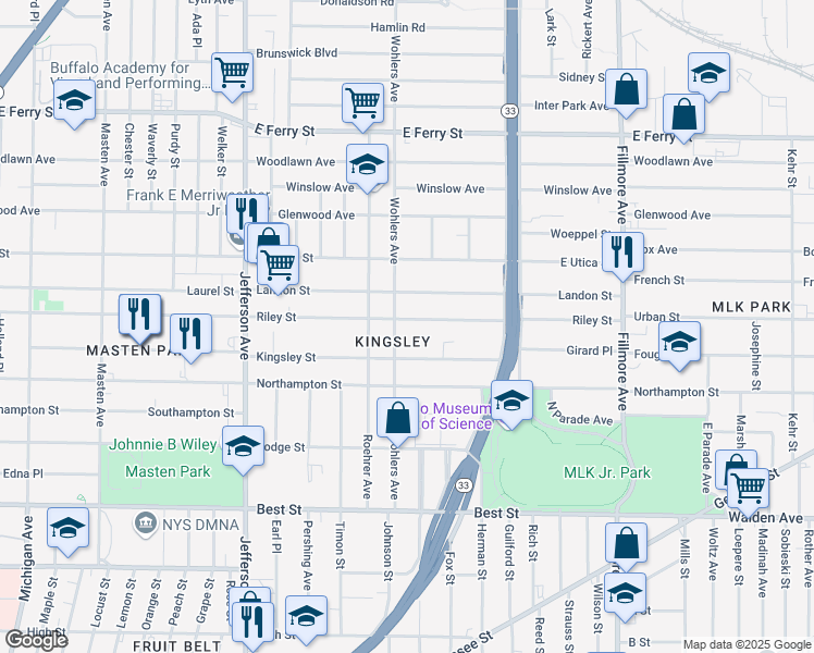 map of restaurants, bars, coffee shops, grocery stores, and more near 501 Riley Street in Buffalo