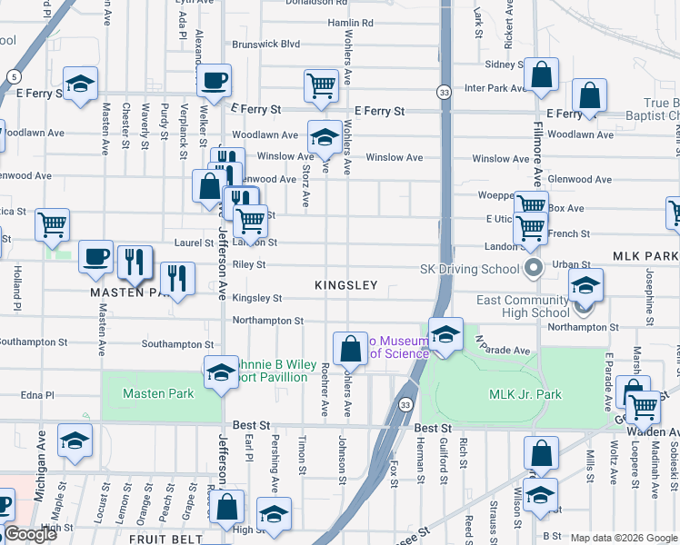map of restaurants, bars, coffee shops, grocery stores, and more near 463 Riley Street in Buffalo