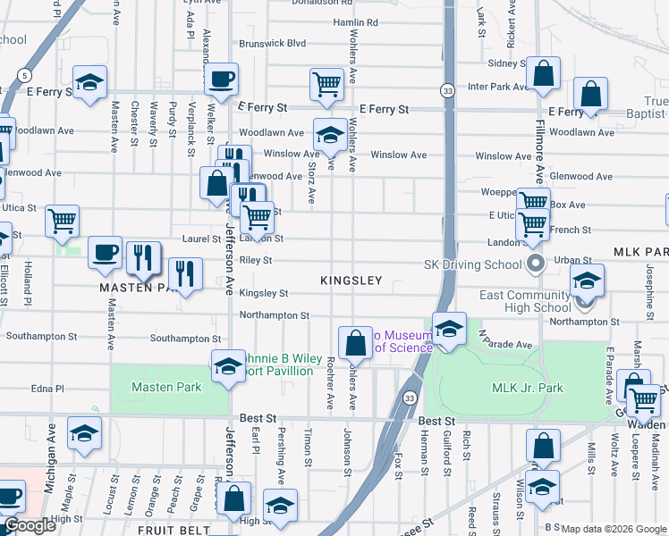 map of restaurants, bars, coffee shops, grocery stores, and more near 463 Riley Street in Buffalo