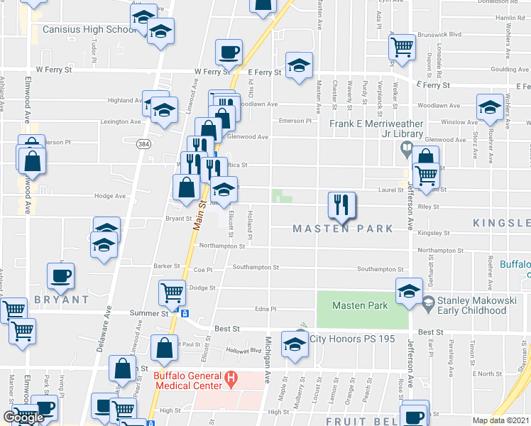 map of restaurants, bars, coffee shops, grocery stores, and more near 1314 Michigan Avenue in Buffalo