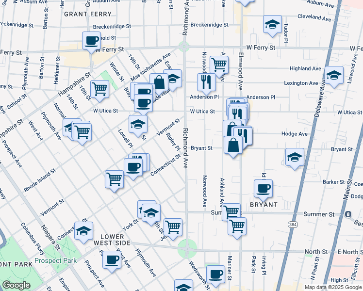 map of restaurants, bars, coffee shops, grocery stores, and more near 240 Richmond Avenue in Buffalo