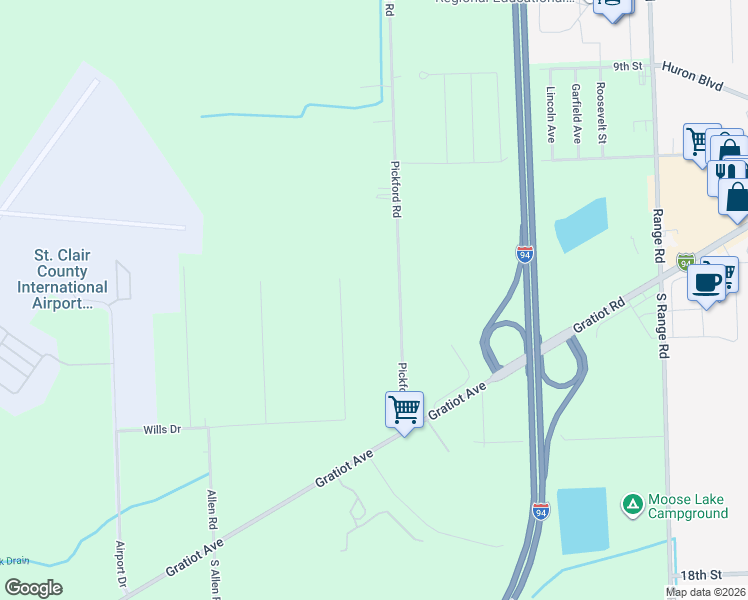 map of restaurants, bars, coffee shops, grocery stores, and more near 145 Pickford Road in Smiths Creek