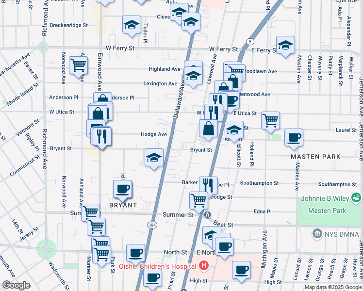 map of restaurants, bars, coffee shops, grocery stores, and more near 81 Bryant Street in Buffalo