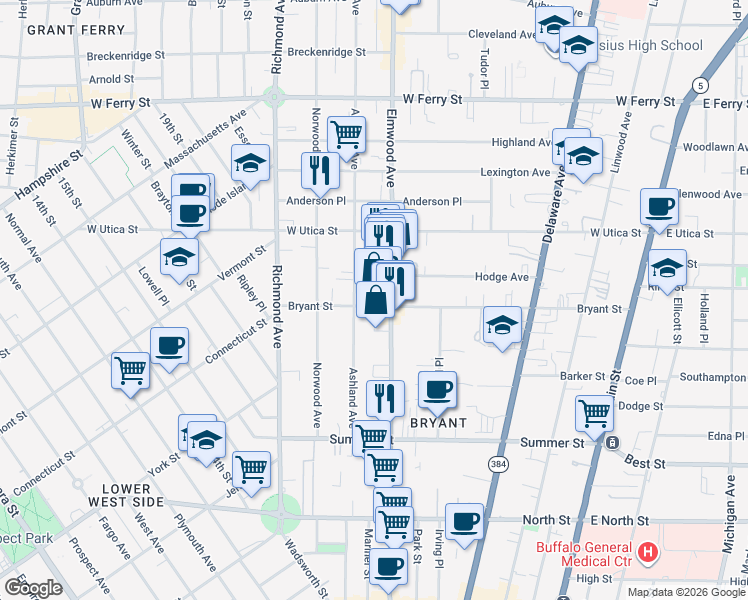 map of restaurants, bars, coffee shops, grocery stores, and more near 291 Bryant Street in Buffalo