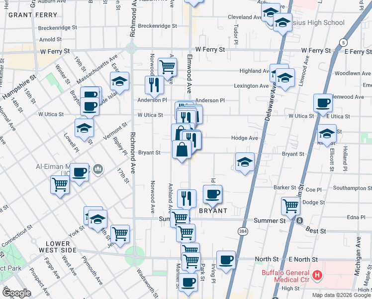 map of restaurants, bars, coffee shops, grocery stores, and more near 448 Elmwood Avenue in Buffalo