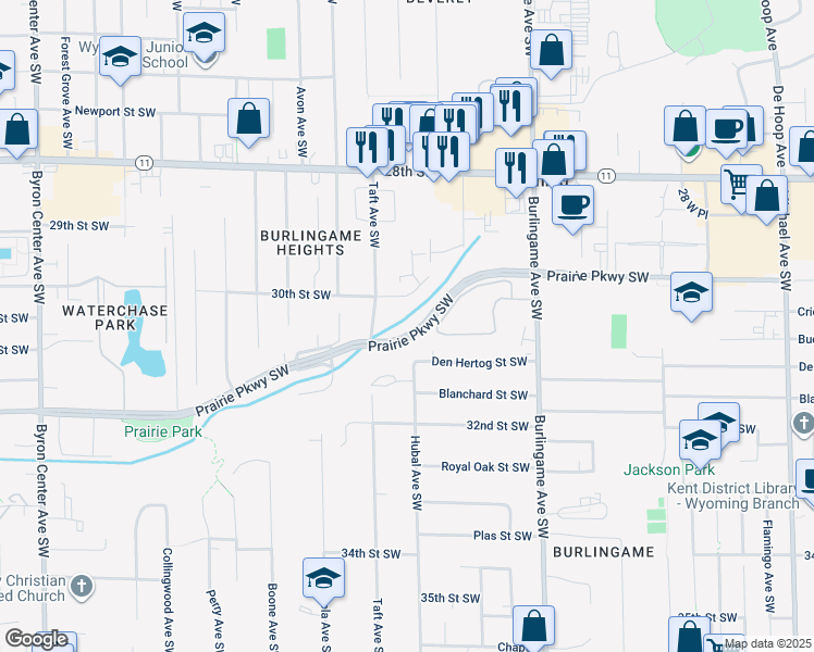 map of restaurants, bars, coffee shops, grocery stores, and more near 1833 Prairie Parkway Southwest in Wyoming